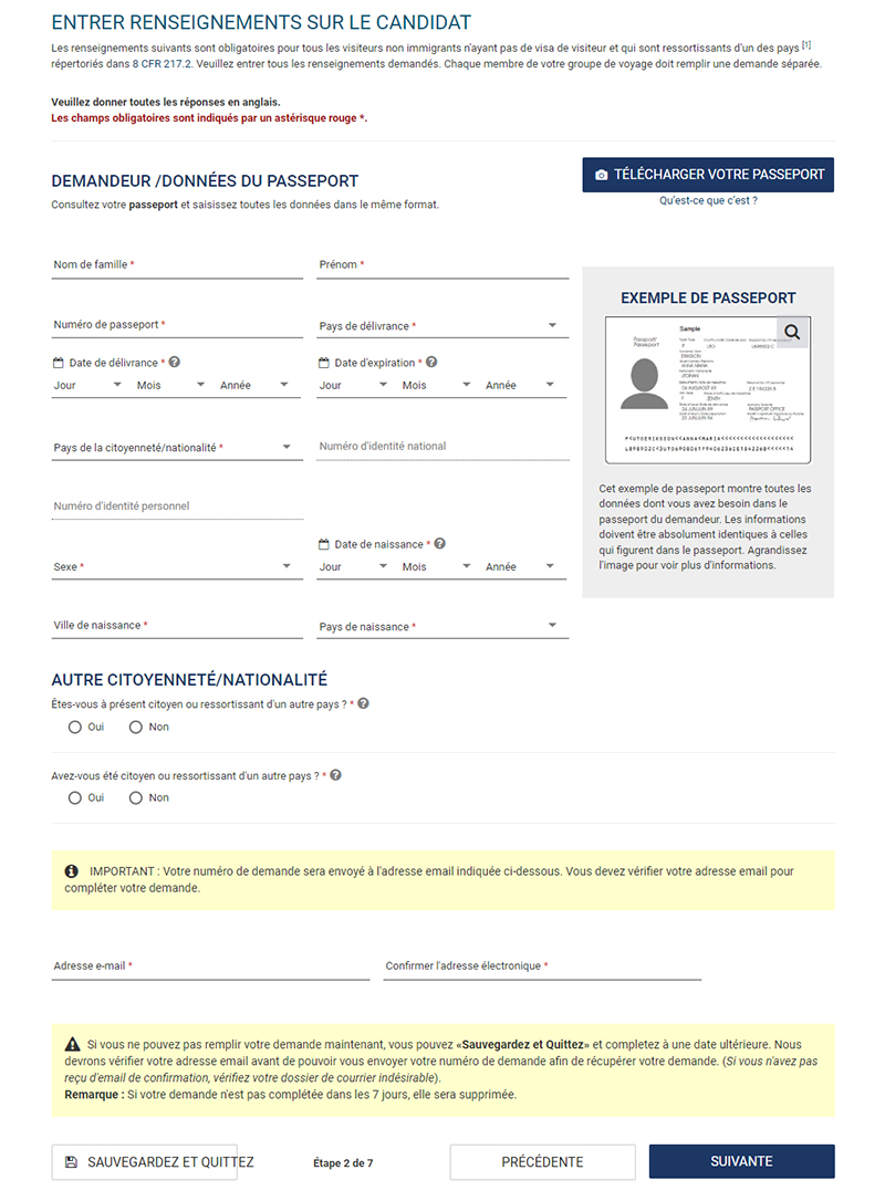 ESTA : entrer les données du voyageur