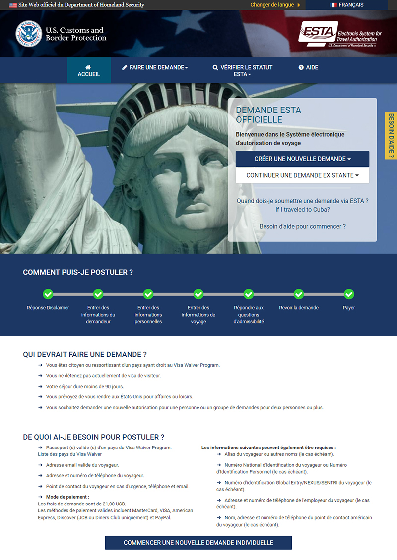 ESTA : la page d'accueil du site officiel