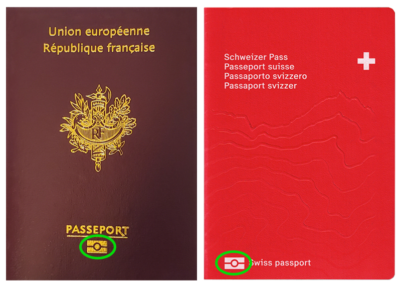 Passeport biom&eacute;trique fran&ccedil;ais (&agrave; gauche) et suisse (&agrave; droite)