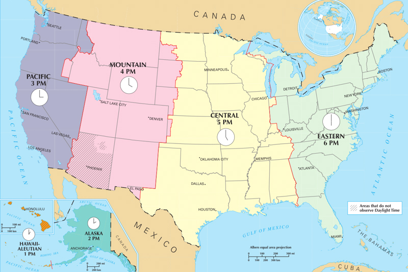 Carte des fuseaux horaires aux USA