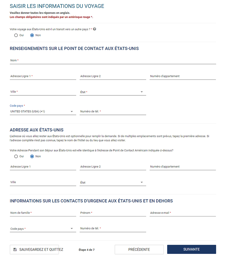 ESTA : entrer les informations du voyage