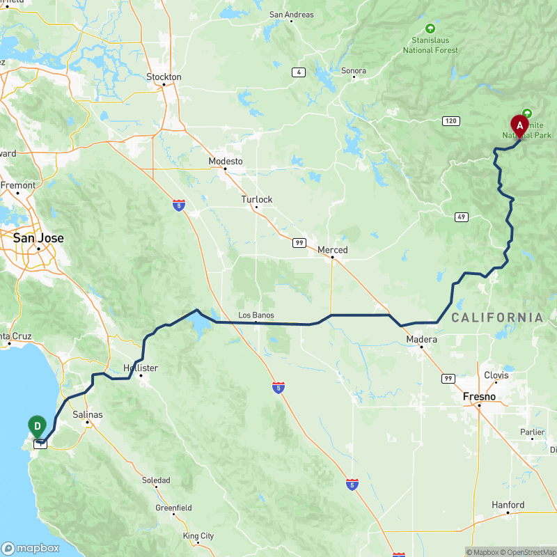 Carte du trajet J5 - Yosemite National Park