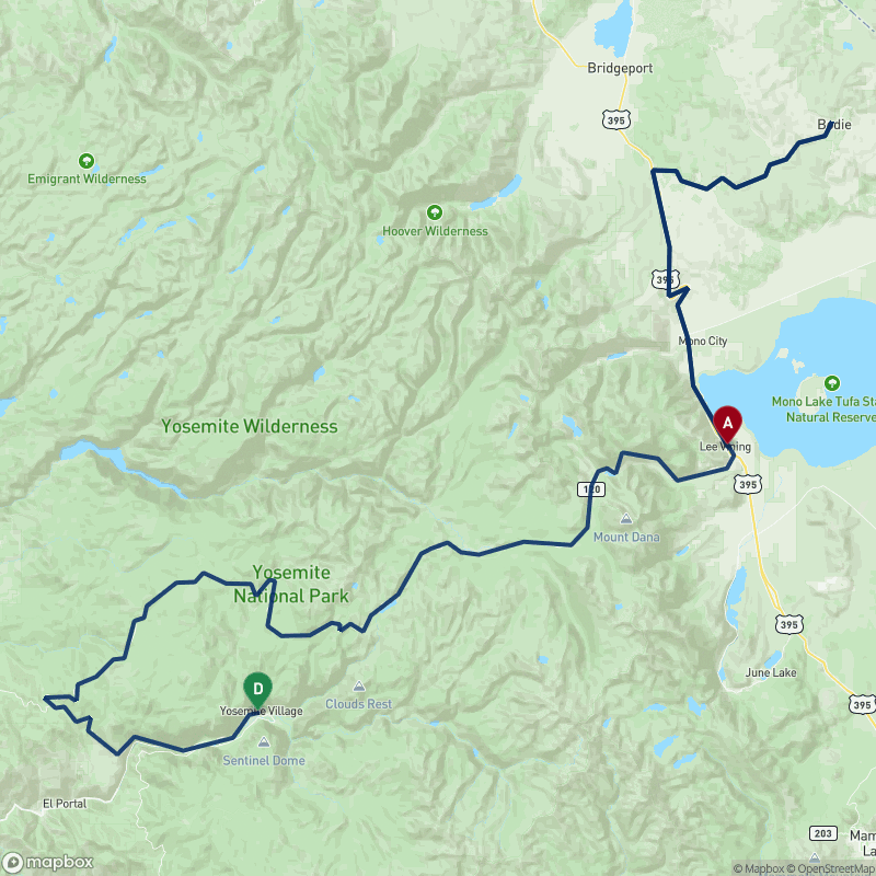 Carte du trajet J7 - Bodie State Historic Park et Mono Lake