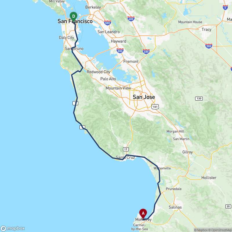 Carte du trajet J4 - Monterey et Big Sur
