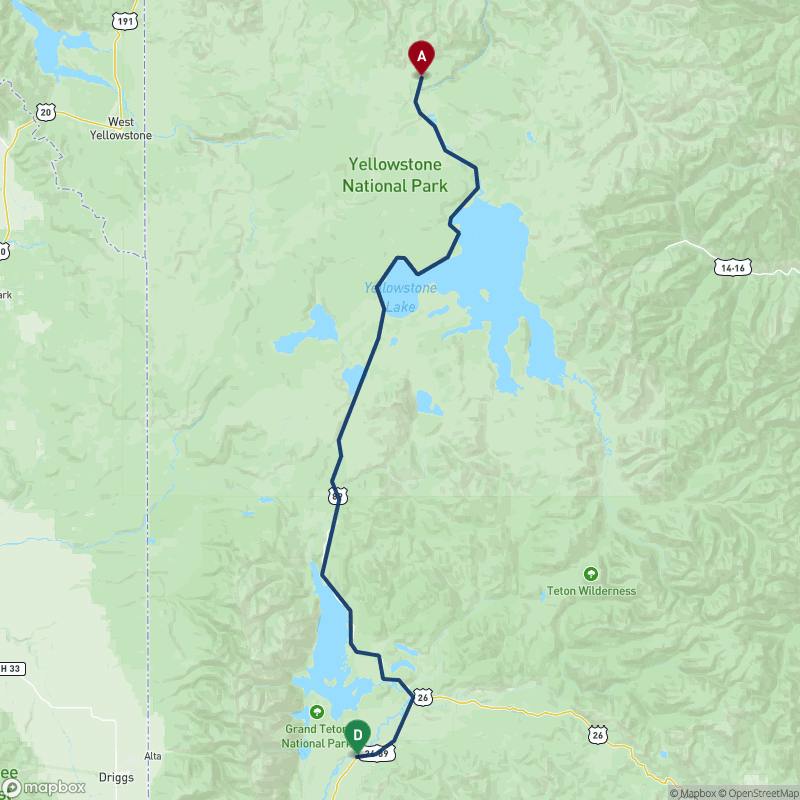 Carte du trajet J10 - Yellowstone National Park