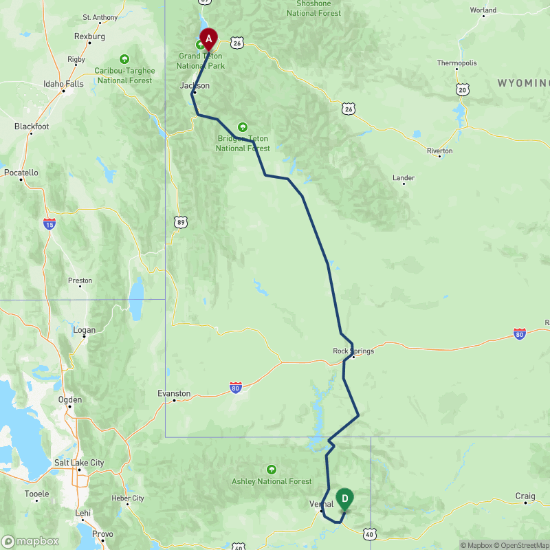 Carte du trajet J9 - Grand Teton National Park